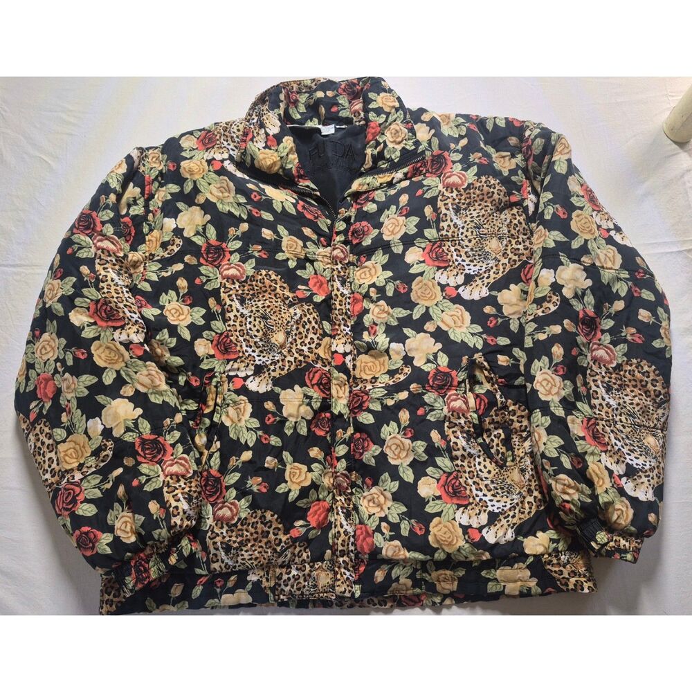 Vintage Fuda Silk Floral Leopard Print Puffer Jacket Large